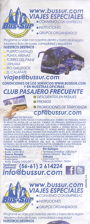 Communication of the city: (międzymiastowe CL) (Chile) - ticket abverse. bilet międzymiastowy z Punta Arenas 
do położonej na Ziemi Ognistej, argentyńskiej Ushuaii.