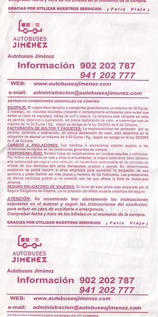 Communication of the city: (międzymiastowe) (Hiszpania) - ticket reverse