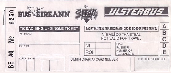 Communication of the city: (międzymiastowe) (Irlandia) - ticket abverse. Bilet transgraniczny pomiędzy Irlandią a Irlandią Pn.
Jako rewers zamieszczono drugą kartkę biletu.