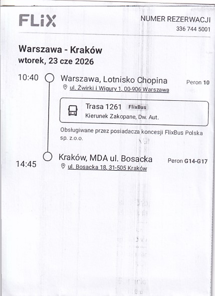 Communication of the city: (międzymiastowe PL) (Polska) - ticket abverse. Przykładowy bilet z drukarki,
na przejazd autobusem FlixBus Polska.
Bilet w formacie A4, zgięty na 4 części.
Obok dwie najważniejsze części biletu.
PS. jeden taki symboliczny bilet w całości
zaspokaja potrzeby kolekcji.