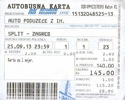 Communication of the city: (międzymiastowe Chorwacja) (Chorwacja) - ticket abverse
