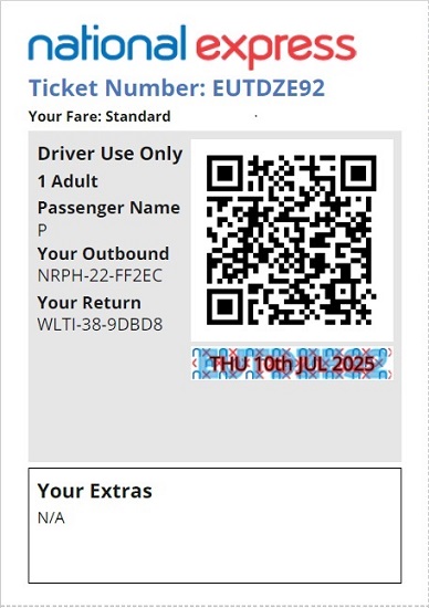 Communication of the city: (międzymiastowe brytyjskie) (Wielka Brytania) - ticket abverse.  	Przykładowy bilet z drukarki,
na przejazd autobusem National Express.
Bilet w formacie A4, zgięty na 4 części.
Obok dwie najważniejsze części biletu.
PS. jeden taki symboliczny bilet w całości
zaspokaja potrzeby kolekcji.